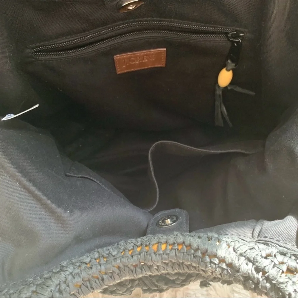 J Crew Black Woven Straw Bag Dual round wooden handles Large Bag Fully Lined